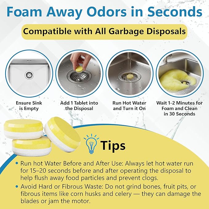 Garbage Disposal Cleaner Tablets - 24 Pack (1-Year Supply) Powerful Foaming Lemon Scented Kitchen Sink Freshener Drain & Pods Odor Eliminator and Deodorizer Septic Safe