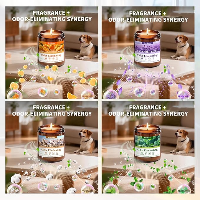 4 Pack Odor Eliminating Candles Set - Eliminates 95% of Pet, Bathroom, Food & Other Smells - Hand Poured Non-Toxic Soy Candle, Air Freshing Scent of Lavender/Orange/Mint/Cotton - Gifts Set for Women