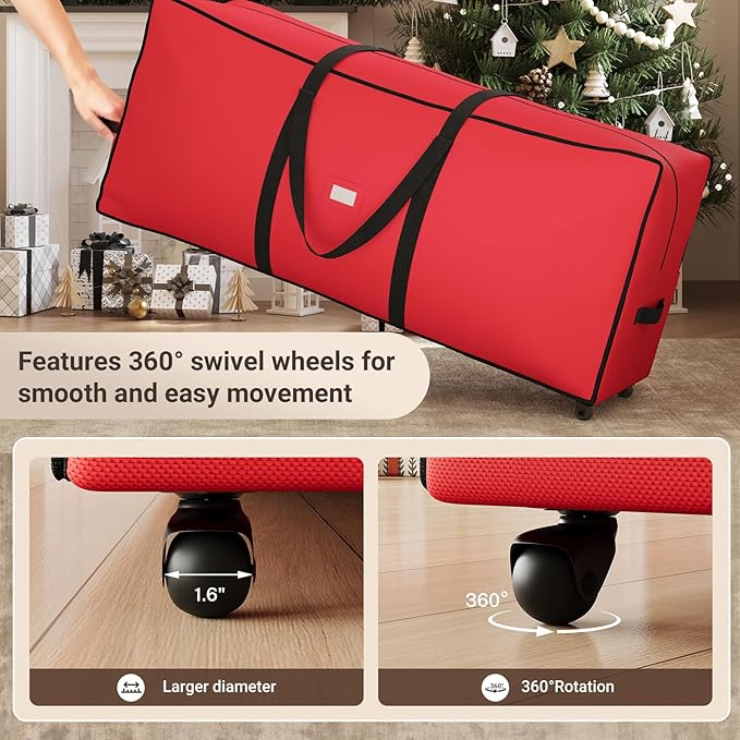 ELYKEN 7.5FT Christmas Tree Storage Bag with Wheels, Rolling Storage Bag for Artificial Christmas Tree and Decorations, Heavy Duty 600D Oxford Fabric, Length-Adjustable Handles, Dual Zippers, Red