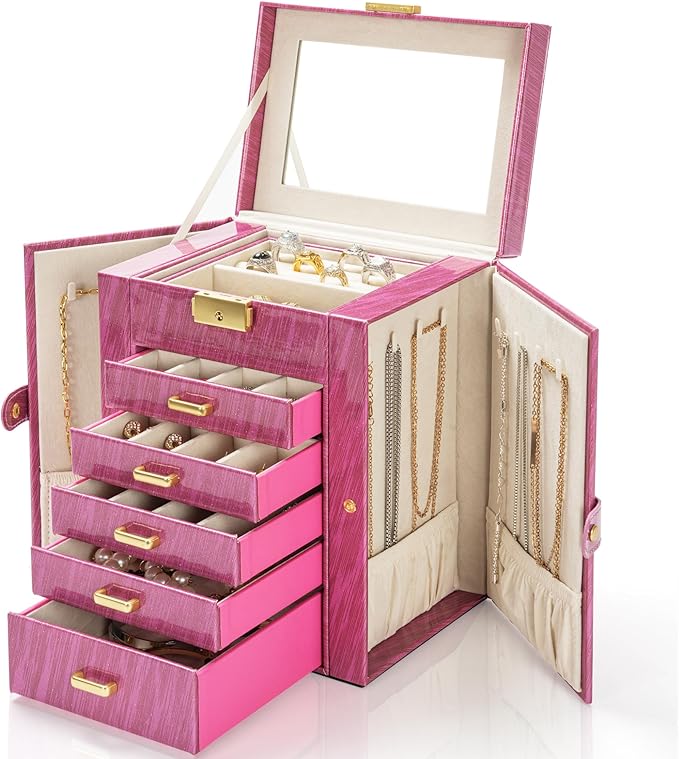 AKOZLIN 6-Tier Jewelry Box Lockable Leather Jewelry Storage Case with 5 Drawers for Women Girls Ring Necklace Earring Bracelet Holder Organizer with Mirror Rose