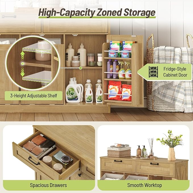 Double Tilt Out Laundry Hamper Cabinet, 43.3" Laundry Storage Cabinet with 2 Removable Baskets, Farmhouse Wooden Hidden Trash Bin Cabinet with Open Shelving, for Bathroom, Natural