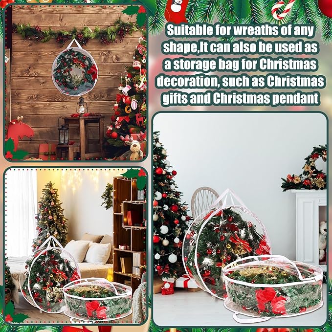 Shappy 4 Pcs 36 Inch Christmas Wreath Storage Container Clear Wreath Storage Bags PVC Waterproof Garland Bags with Clear Window Dual Zippers and Handles for Xmas Holiday Artificial Garland (White)