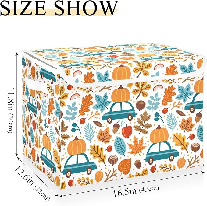Thanksgiving Storage Baskets Collapsible Storage Bins with Lids, Thanksgiving Fall Maple Leaves Truck Pumpkins Storage Boxes Clothes Baskets for Organizing