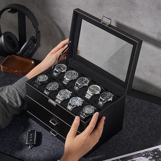 ProCase 20 Slot Watch Box for Men, 3-Layer Watch Display Case with Glass Lid, Watch Holder with Drawer, Jewelry Storage Organizer for Watches Straps Rings -AllBlack