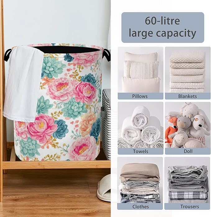 Succulent Plant Laundry Basket,Pink Flowers Oxford Cloth Laundry Hamper with Handle Foldable Portable Clothes Storage Basket for Bathroom Bedroom Dorm Room 16" x 20.8"
