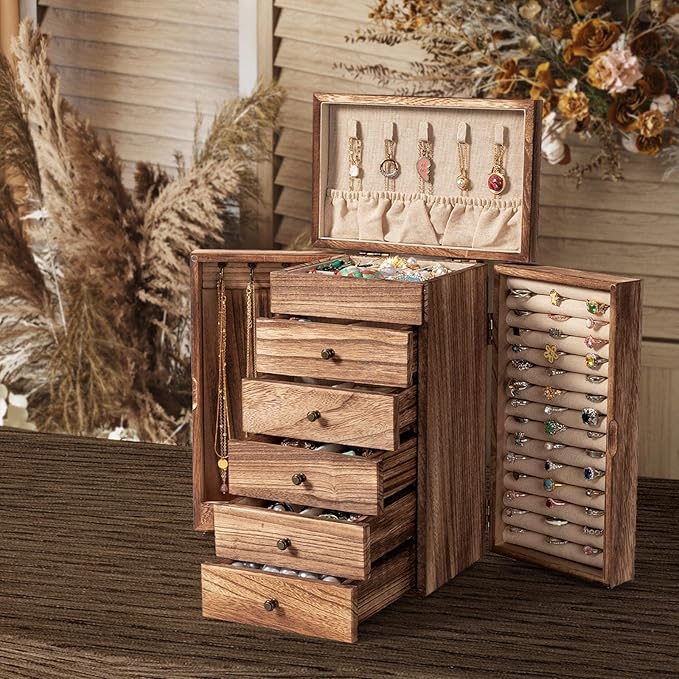 Jewelry Boxes for Women Girls, 9"x 5.9"x 12" Wooden 5-Layers Jewelry Organizer and Storage with Drawer, Suitable for Earring, Ring, Necklace, Bracelet, Gifts for Women