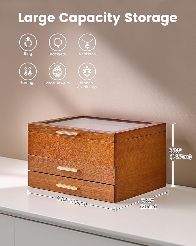 Lolalet Jewelry Box, Clear Window Wood Grain Jewelry Storage for Earrings Bracelets Necklaces Rings, High Capacity Organizer for Women -Cherrywood, 3 Layers