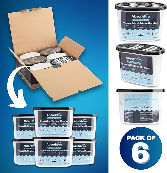 Absorb Pro - Moisture Absorber Tub with Activated Charcoal - 6-Pack - 10.5 oz Disposable Odor Eliminator Box & Dehumidifier for Garage, Home, Kitchen, Bedroom, Bathroom, Closet, Cars, and Boats