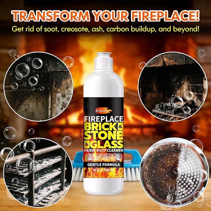 Fireplace Cleaning Set Fireplace Soot Remover with Scrub Brush for Brick, Stone, Rock, Tile, and Marble – Nonabrasive Brick Cleaner, Gentle Formula for Bricks & Glass Indoor and Outdoor -16 oz
