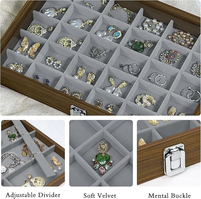 Stratalife Wood Jewelry Organizer 30 Grid Earring Tray Jewelry Holder Ring Box Earring Holder Organizer with Clear Lid Ring Storage for Women Vintage Style