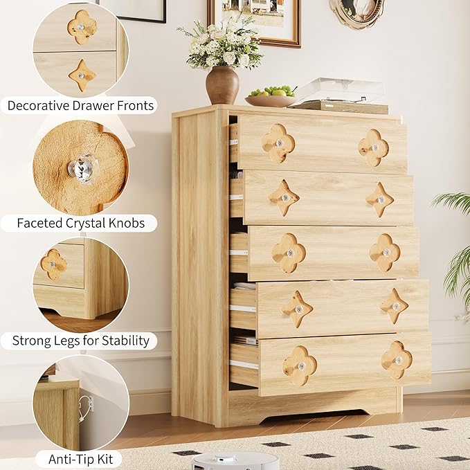 Garvee Dresser for Bedroom with 5 Drawers, 45'' Tall Chest of Large Decorative Drawer Front with Large Clothes Storage Cabinet, Wood Bedroom Dresser, TV Stand for Nursery, Living Room, Enterway