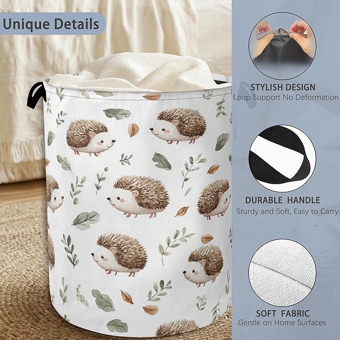 Hedgehog Laundry Hamper,Plant Leaf Dirty Clothes Laundry Basket with Handles Waterproof Oxford Cloth Storage Basket for College Dorms Bathroom Bedroom 16" x 20.8"
