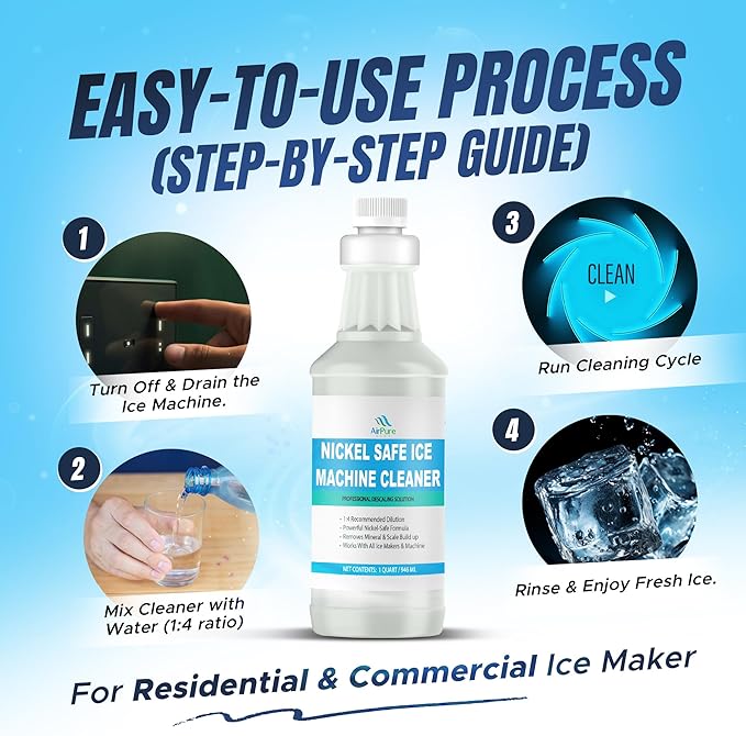 Nickel-Safe Ice Machine Cleaner & Descaler (1 Quart / 946 ml), Professional Descaling Solution for Commercial and Residential Ice Makers, Removes Scale & Mineral Build-Up, Compatible with Major Brands