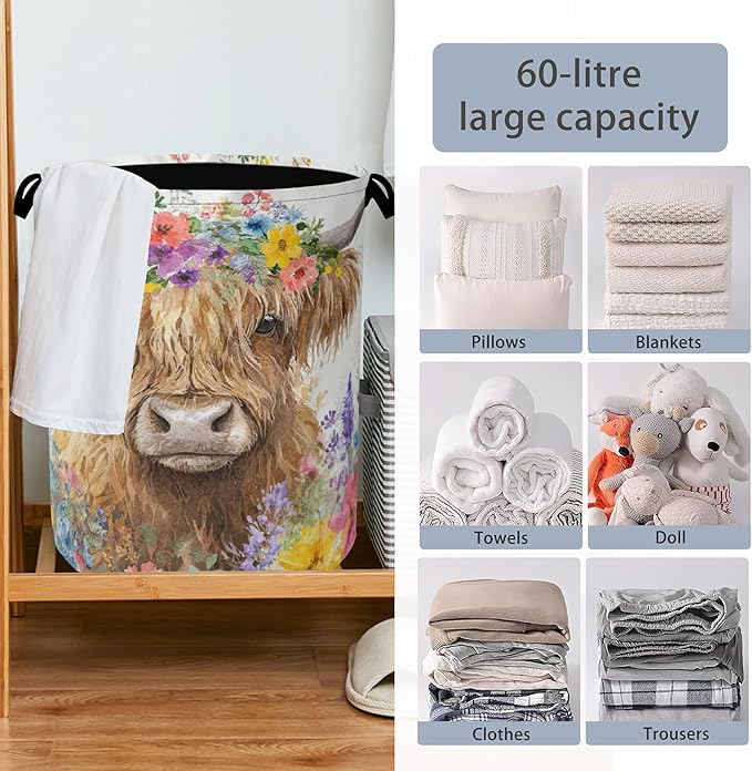 Hightland Cow Laundry Basket,Oxford Cloth Laundry Hamper with Handle Foldable Portable Clothes Storage Basket for Bathroom Bedroom Dorm Room 16" x 20.8"
