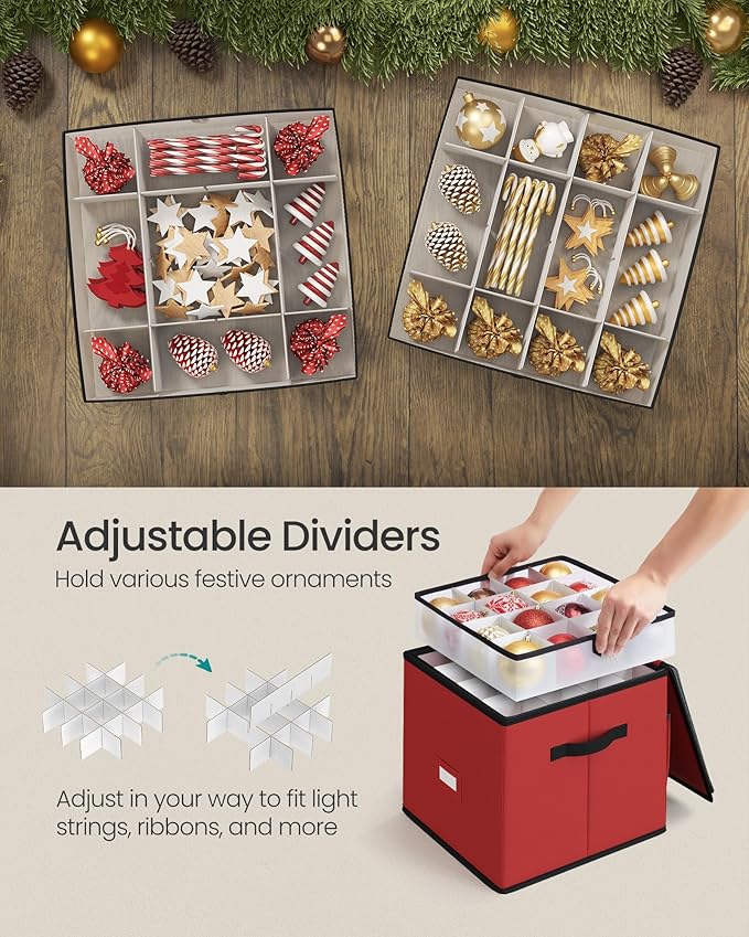 SONGMICS Christmas Ornament Storage Box, Dual Zippers, Stackable Christmas Storage Container with Lid, 4 Trays, 600D Oxford, 3-Inch 64 Slots, Cherry Red URFB034R01