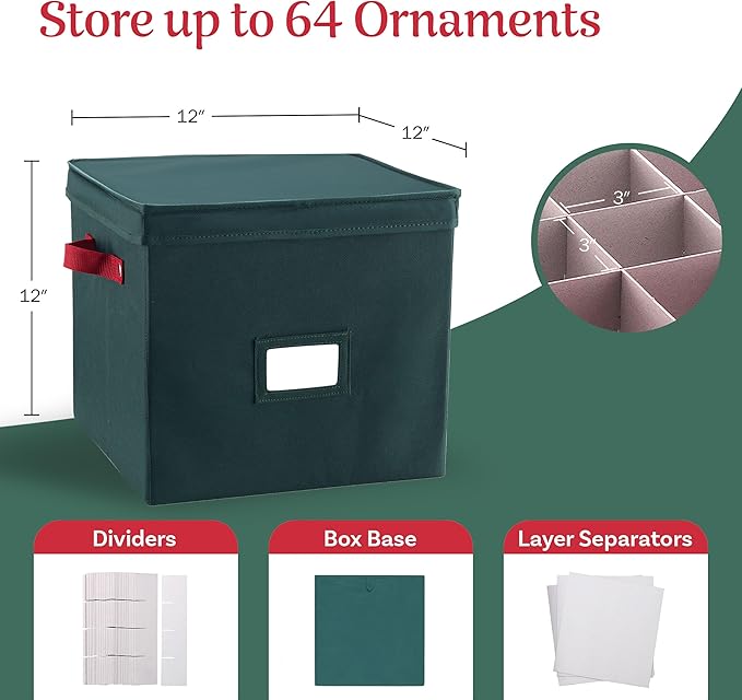 Storage Ornament Box - Holiday Organizer Cube with 64 Individual Compartments and Adjustable Dividers - For Christmas Decorations by Elf Stor (Green)