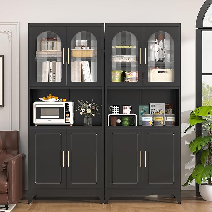 75" Metal Kitchen Pantry Storage Cabinet,Kitchen Hutch Food Pantry Cabinet with Microwave Stand,Freestanding Larder Cupboard with Doors and Adjustable Shelves for Bathroom