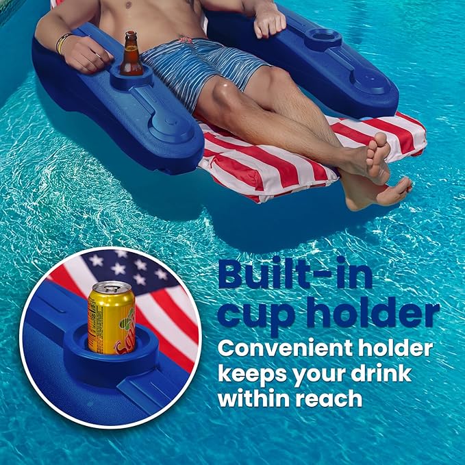 XtremepowerUS Floating Chaise Pool Lounger USA Patriotic Padded Large for Adults Headrest, Backrest, Footrest & Cupholder (American Flag)