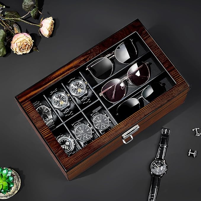 BEWISHOME Men’s Jewelry Box Organizer with Watch Box, 6-Slot Watch Box & Sunglasses Organizer with Drawer, PU Leather Interior, Solid Wooden Watch Case Display with Large Clear Glass Lid, Gift Idea