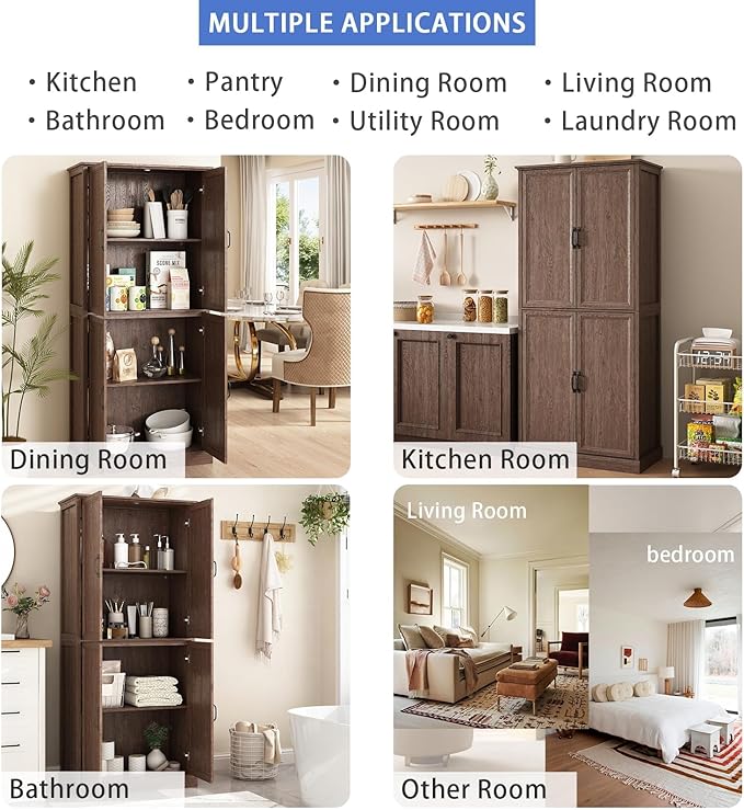 71'' Tall Pantry Cabinet, Farmhouse Kitchen Pantry Storage Cabinet with Barn Door and Adjustable Shelves, Rustic Wood Freestanding Cupboard Storage Organizer for Kitchen, Dining Room, Brown