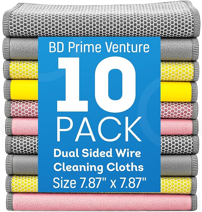 BD Prime Ventures Dual Sided Wire Cleaning Cloths 10-Pack Multipurpose Dishwashing Rags, Reusable Kitchen Scrubber, Effective Dishcloth Rag for Cookware, Multicolored (Orange, Pink, Green)