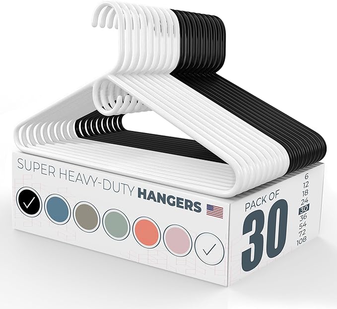 Neaties Super Heavy Duty Clothes Hangers 30 Pack – Made in The USA - 10lb Capacity, Thick Plastic Hangers for Pants, Coats, Jackets, Jeans and Adult Clothing – White & Black