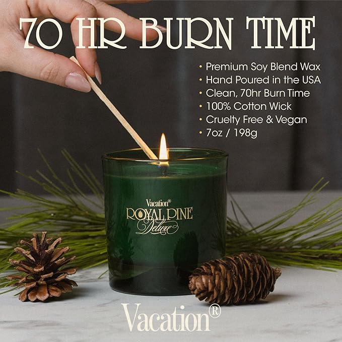 Royal Pine Deluxe Pine-Scented Candle by Vacation Sunscreen, Premium Soy-Blend Wax, 70-Hour Long Burning, Winter House Decor, Gift for Women & Men, 7 Oz.