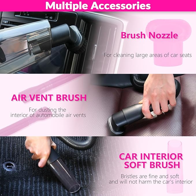 ThinkLearn Car Cleaning Kit, Car Vacuum Detailing Kit Interior with High Power Handheld Vacuum, Including 7Pcs Detailing Brush Set, Windshield Cleaner, Pink Car Accessories for Women