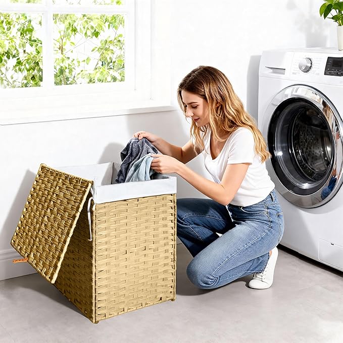 Woven Laundry Hamper with Lid,34 Gal(130 L) Rattan Wicker Laundry Basket 2 Sections with Lid, Removable Machine Washable Line, Large Clothes Hamper with Handles for Bathroom Bedroom, Yellow