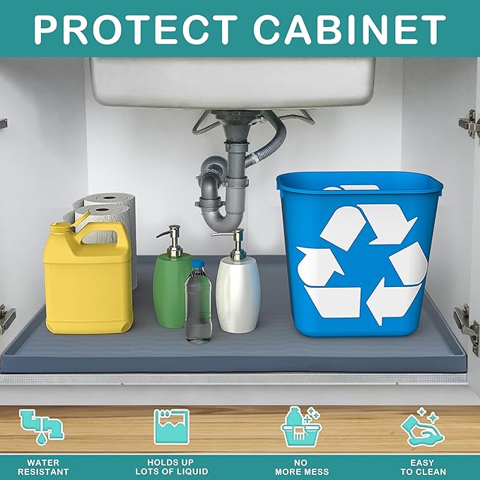 URMONA Waterproof Silicone Under Sink Mat 34'' x 19'' Shelf Liner for Kitchen and Bathroom, Cabinet and Counter Protector, Storage and Organizers, Litter Mat, Pet Cat Puppy Essentials(Beige)