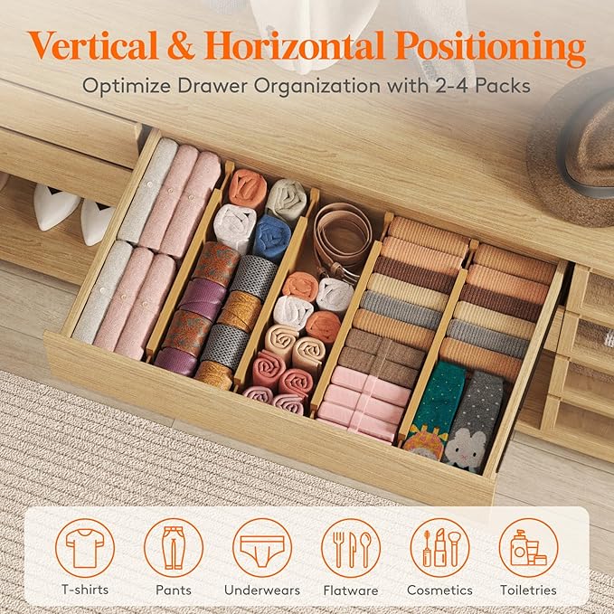 Lifewit 8 Pack 4" High Bamboo Drawer Dividers, 17-21.5" Adjustable Drawer Organizers for Clothes, Wood Dresser Drawer Divider, Expandable Deep Drawer Separators for Dresser, Kitchen, Bedroom, Bathroom