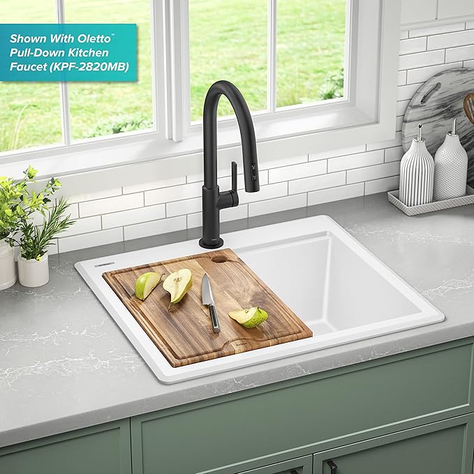 KRAUS Bellucci 25-inch Granite Workstation Drop In Top Mount Single Bowl Kitchen Sink in White with Accessories, KGTW12-25WH
