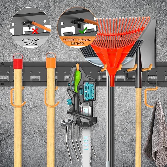 Garden Tool Organizer Wall Mount - Garage Storage and Organization Yard Tool Hanger with Adjustable Pegboard Hooks Shed Rack for Broom Mop Shovel Rake Trimmers, 64 inch Max 750lbs, Black