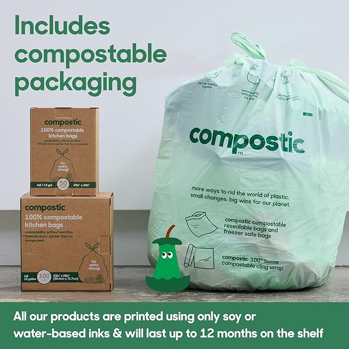 Compostic Home Compostable Trash Bags, 13 Gallon Tall Kitchen Rubbish Bags, Extra Strong & Quickly Breaks Down, 100 Count