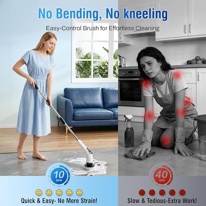 Electric Spin Scrubber, Cordless Cleaning Brush with 8 Replaceable Heads, Five-Speed Power Scrubber with Adjustable Handle for Bathroom, Tub, Floor, Tile & Car – Clean Without Bending