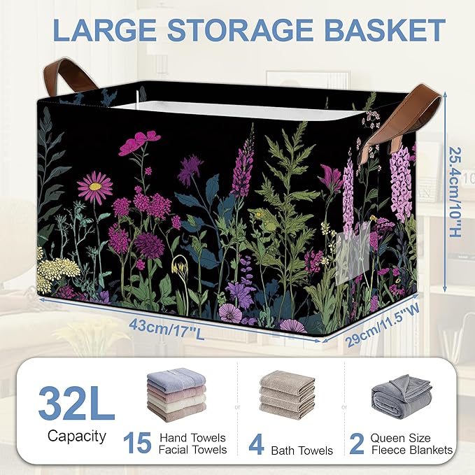 Vintage Wildflowers Storage Baskets,Garden Plants Herb Foldable Large Capacity Organizer Bins with Waterproof Lining and Leather Handles for Closet,Shelf,Bedroom 17x11.5x10Inch