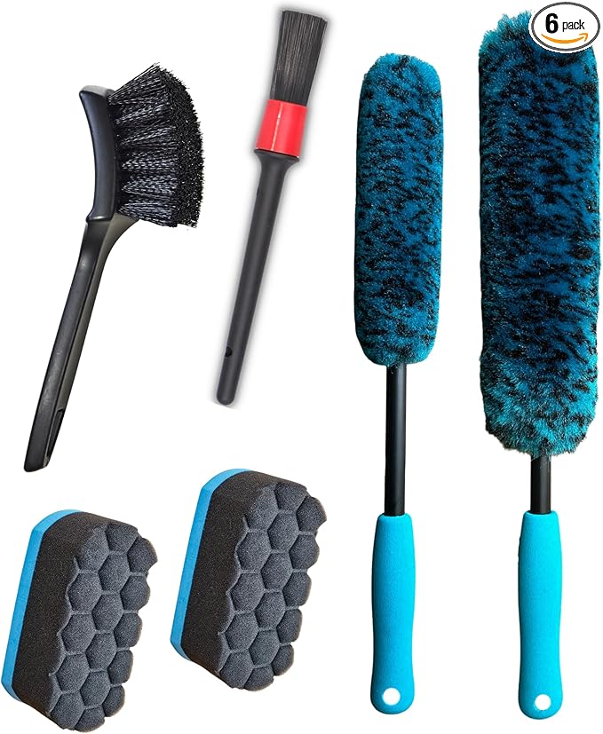 oesee 6PCS Car Wheel Cleaning Detailing Pro Kit, Tire Brush, 2 PCS Soft Woolies Rims Brush, Detailing Brush, and Tire Dressing Pads, Scratch-Free & Multipurpose Tire Brush