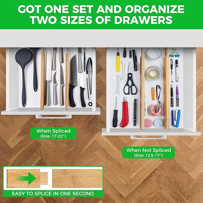 4 Pack Bamboo Kitchen Drawer Dividers with Inserts 2.6" High, Adjustable from 12.5 Inch to 21.7 Inch Drawer Organizers, Expandable Drawer Separators for Clothes, Bedroom, Dresser, Office (Beige)