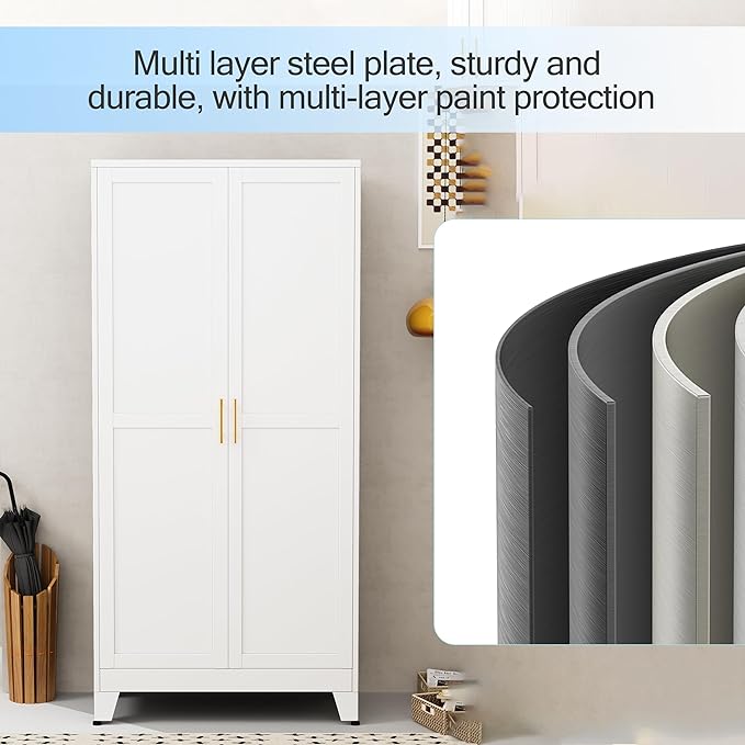 71 "Metal Armoire Wardrobe Closet, Steel Clothing Storage Cabinet with Adjustable Shelves and Hanging Rod, Household Steel Wardrobe Storage Cabinet with Adjustable Standing feet (White)
