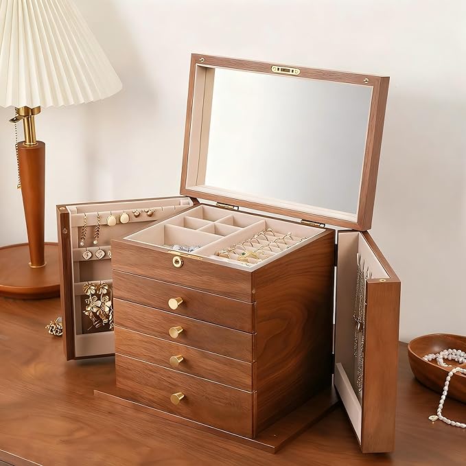 Walnut Wooden Jewelry Box,5-Layer Mirror,Velvet Jewelry Organizer with 11.8x7.8x10.4 Inches,Side Doors Brass Handle Jewelry Organizers Storage for Women Bridesmaid Christmas Gifts