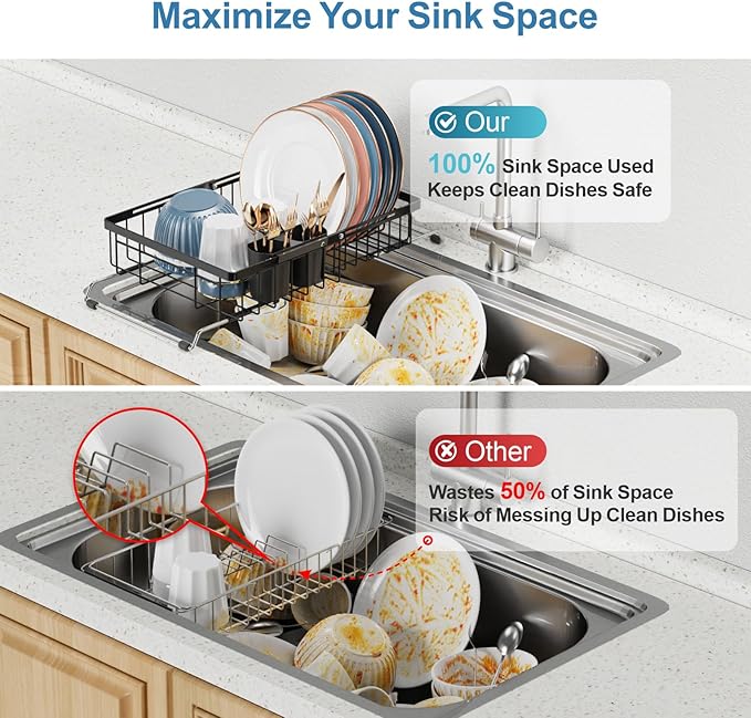iSPECLE Expandable Dish Drying Rack for Kitchen Sink - Rust Resistant Adjustable Over The Sink Dish Drainer with Non Slip Rubber, 11.8" W x 12.8"-25.2" L, Black