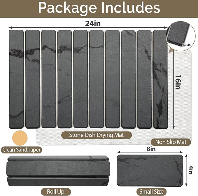 Large Stone Dish Drying Mat for Kitchen Counter, 2PCS 24"×16" & 8“x4" Quick Dry Stone Dishes Mats, Marbled Water Absorbing Diatomaceous Earth Drying Pad for Countertop Bottles Utensils Cups,Dark Gray