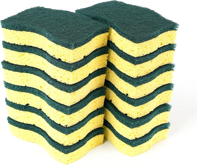 ELIVARA Kitchen Sponges – 12 Pack – Non-Scratch Dual-Sided Cellulose Scrub Sponges for Dishes, Pots, and Pans – Durable, Absorbent, and Reusable (Green/Yellow)