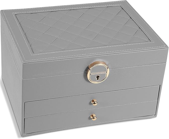 GUOER Jewelry Box for Women Girl Wife 3 Layers Large PU Leather Jewelry Organizer Storage Case with Two drawers Display for Earrings Bracelets Rings Watches (Grey)