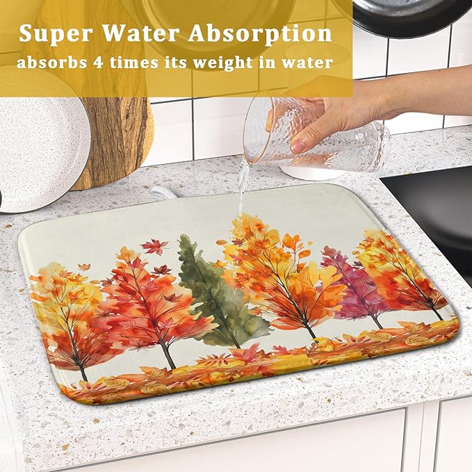 Fall Maple Leaves Dish Drying Mat for Kitchen Counter 18x16 Inch Watercolor Autumn Drying Mat with Absorbent Reversible Microfiber Orange Dish Drainer Mats Rack Pad for Coffee Countertop Protector