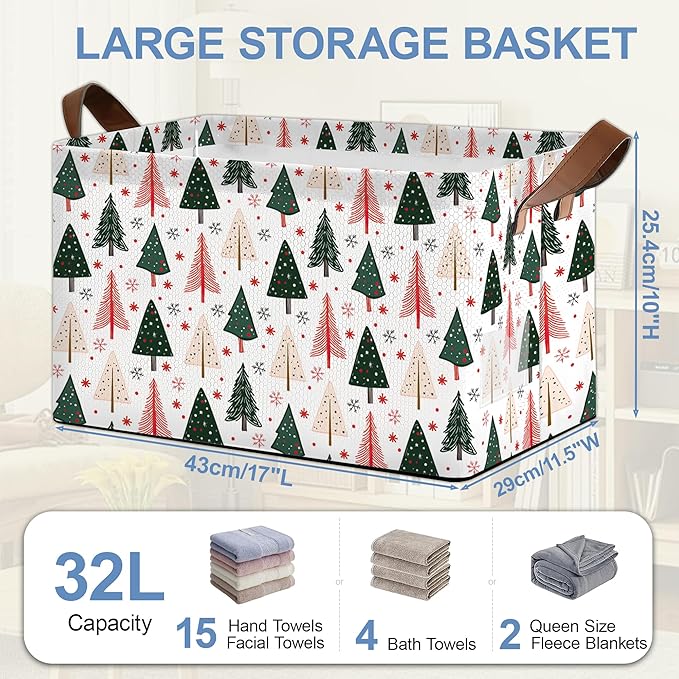 Christmas Tree Collapsible Storage Box,Winter Organizer Bin with Handles for Room Decoration,Bins Book Basket Box 17x11.5x10Inch
