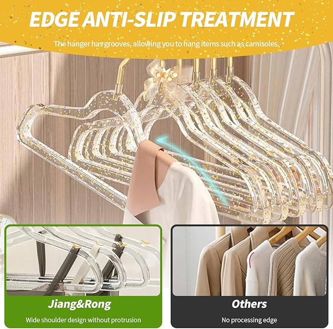 Jiang&Rong Premium Clear Acrylic Hangers with Gold Glitter – 50 Pack Crystal Plastic Coat Hangers, Thin Space Saving Hangers for Clothes, Dress, Blouse & Pants