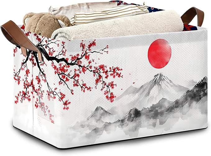 Cherry Blossom Collapsible Storage Box,Red Sun Japan Organizer Bin with Handles for Room Decoration,Bins Book Basket Box 17x11.5x10Inch