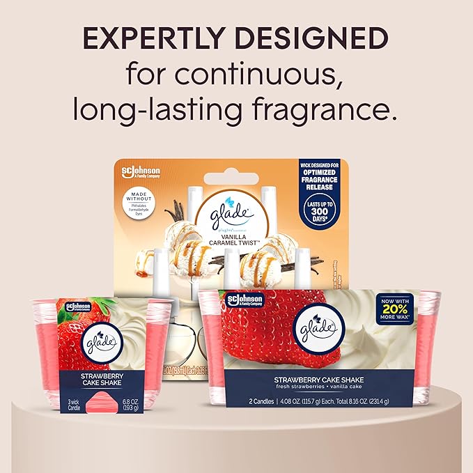 Glade 3-Wick Scented Candle Jar, Strawberry Cake Shake, Air Freshener Infused with Essential Oils, 6.8 Oz, 3 Count