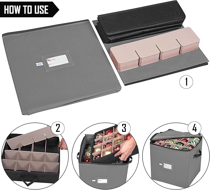 Primode Christmas Ornament Storage Box, 4 Individual Trays Xmas Storage Container, Fits 64 Ornaments Decoration Balls, Constructed of Durable 600D Oxford Material (Gray)